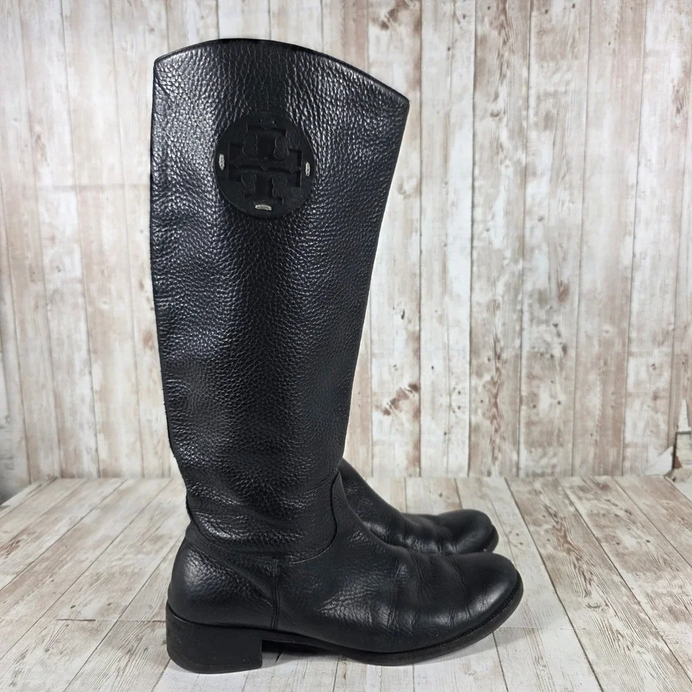Tory Burch Black Pebbled Leather Tall Riding Boots Logo Medallion Womens 7M